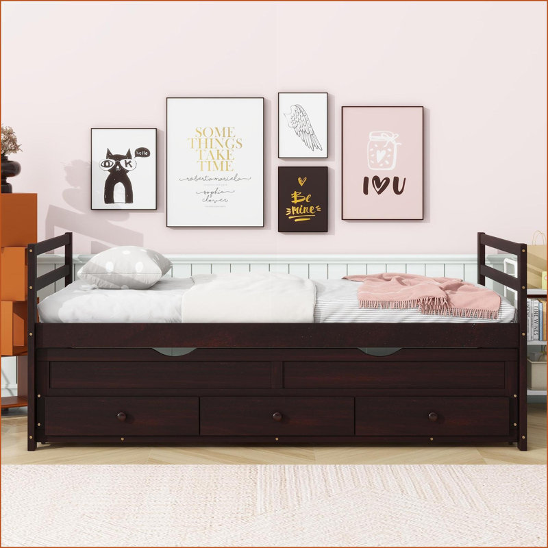 Lit simple en pin massif avec lit gigogne et rangement Tiroirs, aucun sommier nécessaire, espresso pour les chambres d'amis / petites