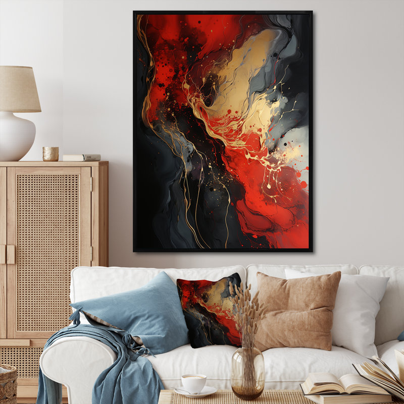 Rouge et or feu de marbre V - art mural abstrait, Cadre flottant noir, 60" H x 28" W