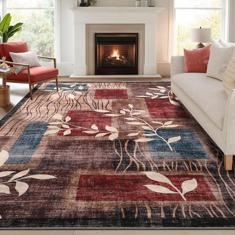 Machine Washable Rug with Rubber Backing for Living Room Modern Non-Slip Dining Room Rug Easy-Cleaning Geometric Floor Carpet for Bedroom Hallway Kitchen Office Playroom