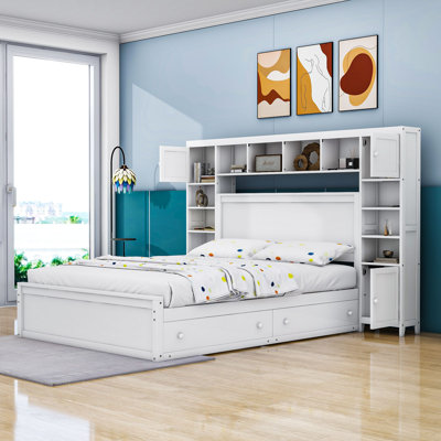 Lit plateforme 4 tiroirs en bois avec armoire