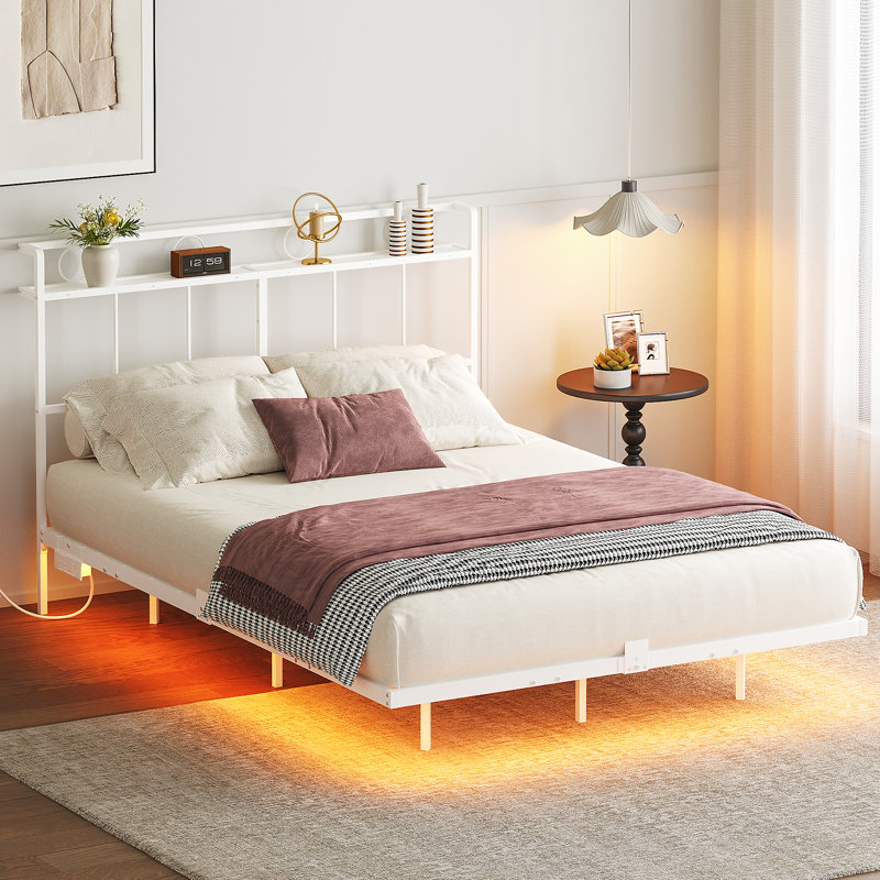 Bed Frame With Charging Station And Led Light Strip, Floating Bed Frame With Headboard, Metal Slat Support, For Bedroom, Full
