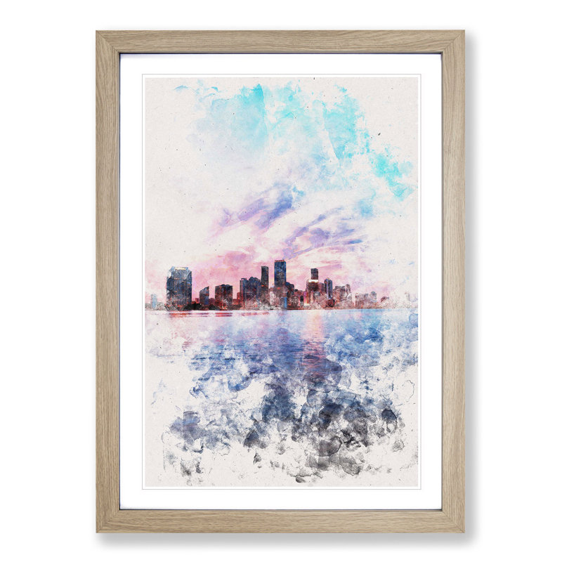 Miami Florida Skyline - Picture Frame Painting Print, 87cm H x 62cm W x 2cm D, Oak Framed