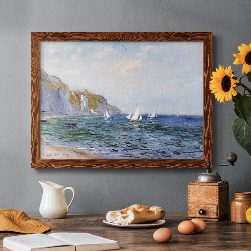 Falaises et voiliers à Pourville, 1882 - Toile tendue avec châssis rustique, Cadre érable, H 14 po x l 20 po x P 1,5 po