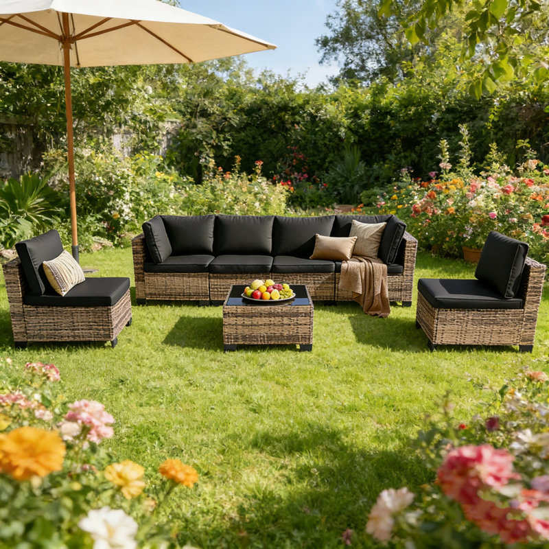7 Piece Outdoor Wicker Patio Furniture Set Rattan Sectional Sofa Couch, Brown, Black