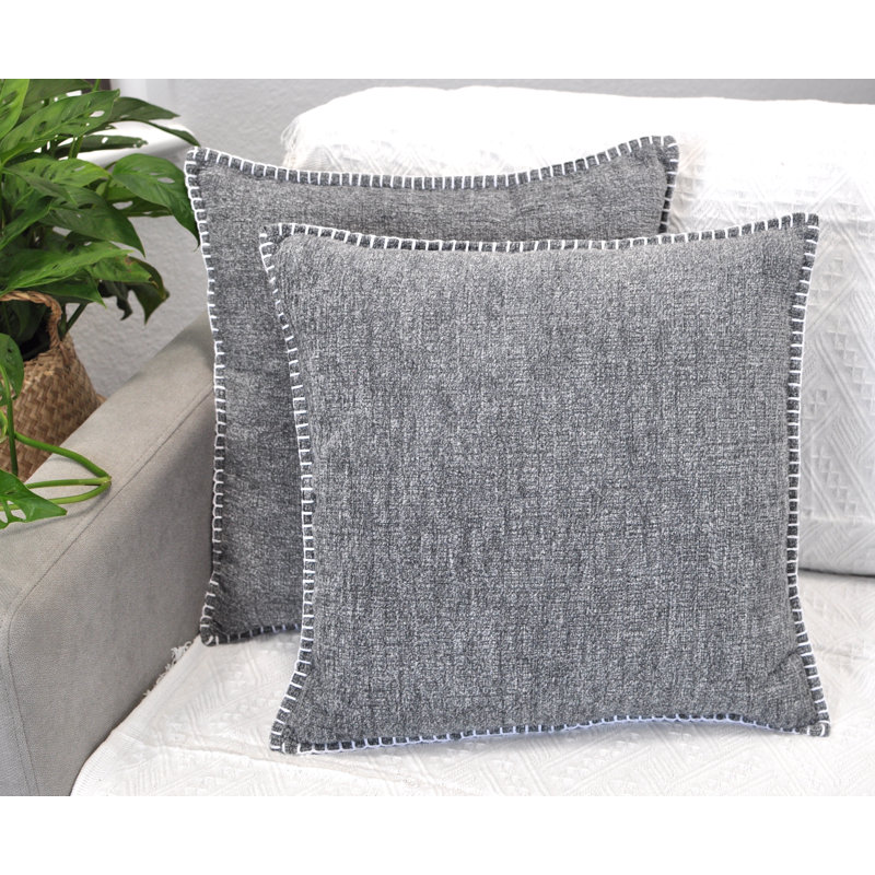 Gray Embroidered Chenille Square Throw Pillow Covers (Set of 2)