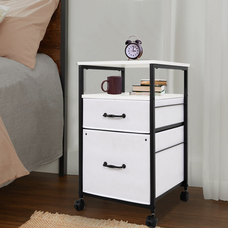 Fabric Storage Cabinet with 2 Drawers & Shelf, Filing Cabinet with Wheels, White
