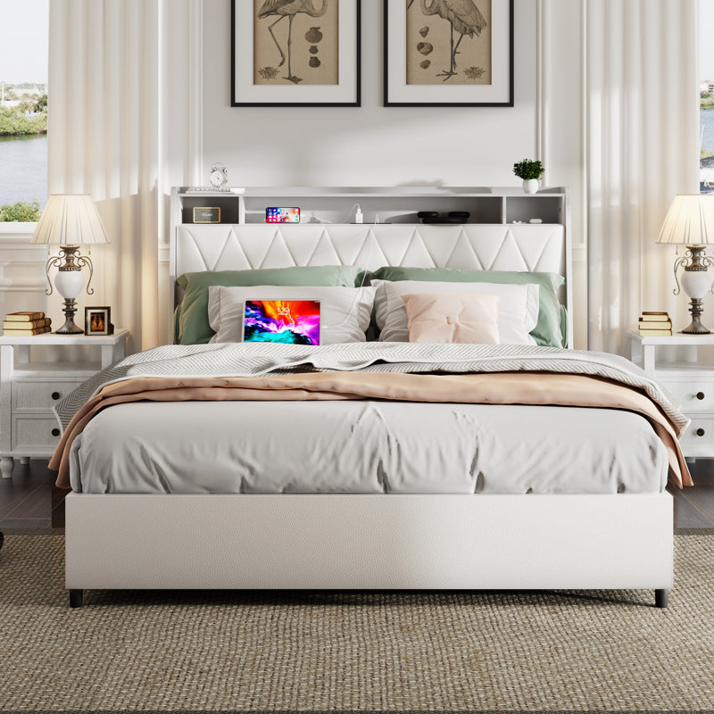 Cadre de lit avec tête de lit ergonomique, cadre de lit plateforme avec prises et chargeur, cadre de lit avec tablette de rangement, cadre de lit, silencieux, aucun sommier nécessaire