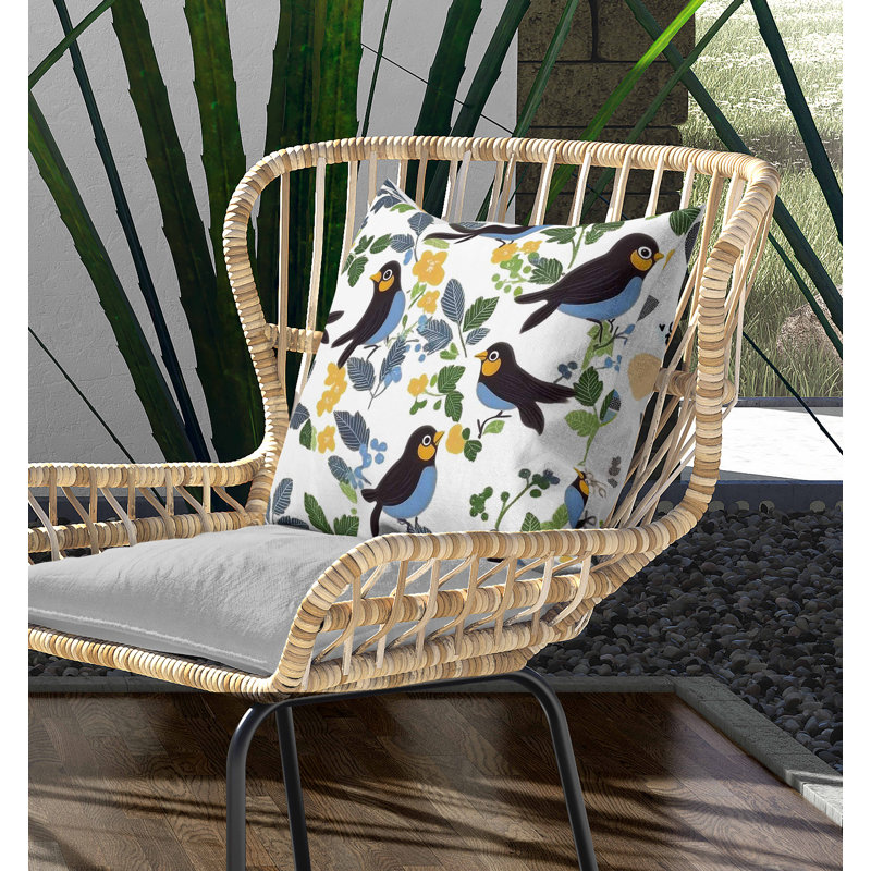 Coussin intérieur / extérieur Sweet Tweets, Carré 20 po, Bleu / blanc / vert / jaune