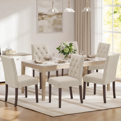 Parsons Tufted Dining Chairs, Diamond Button High Back Fabric Cushion, Solid Rubberwood Legs