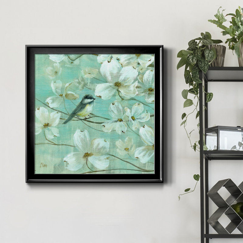 Mésanges et cornouiller - Détail I - Peinture sur toile encadrée, H 34,5 po x l 34,5 po x P 1,5 po, Toile avec cadre noir