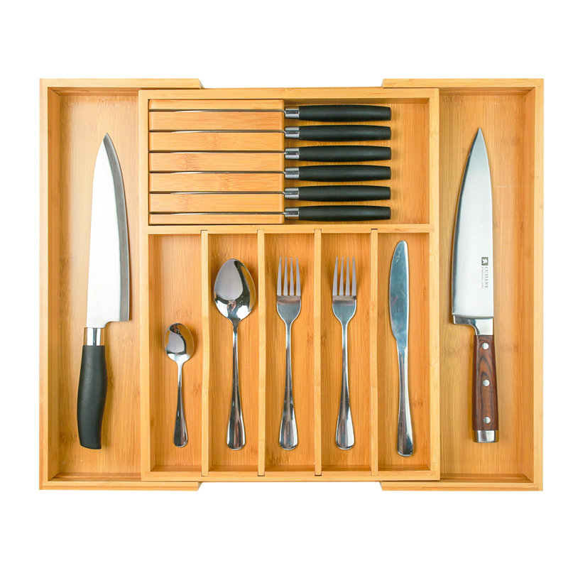 Organisateur de tiroir Silverware avec porte-couteaux amovible et séparateurs, organisateur de tiroir de cuisine en bambou extensible, range-ustensiles de coutellerie pour 8 tiroirs