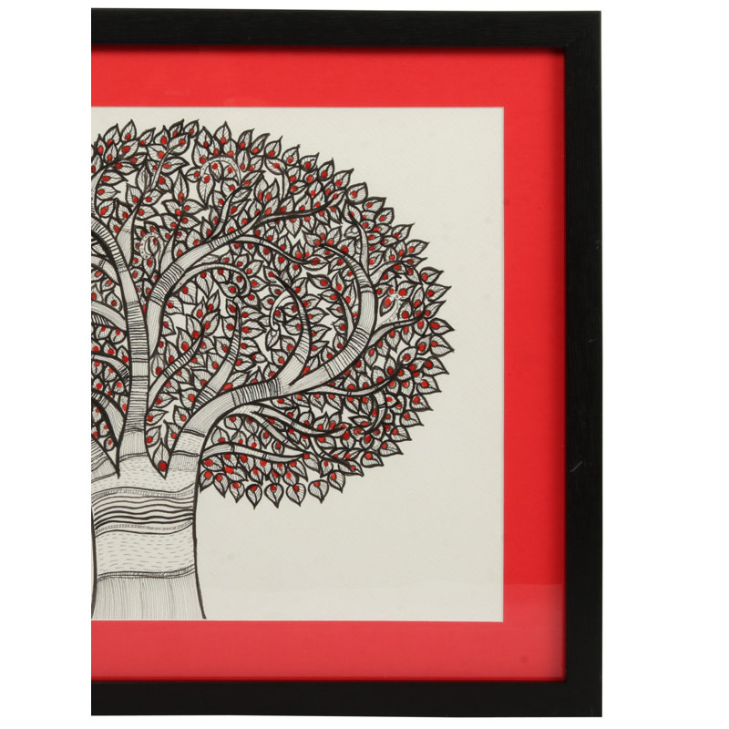 Arbre rouge Madhubani | Magnifique peinture encadrée | Acrylique sur toile