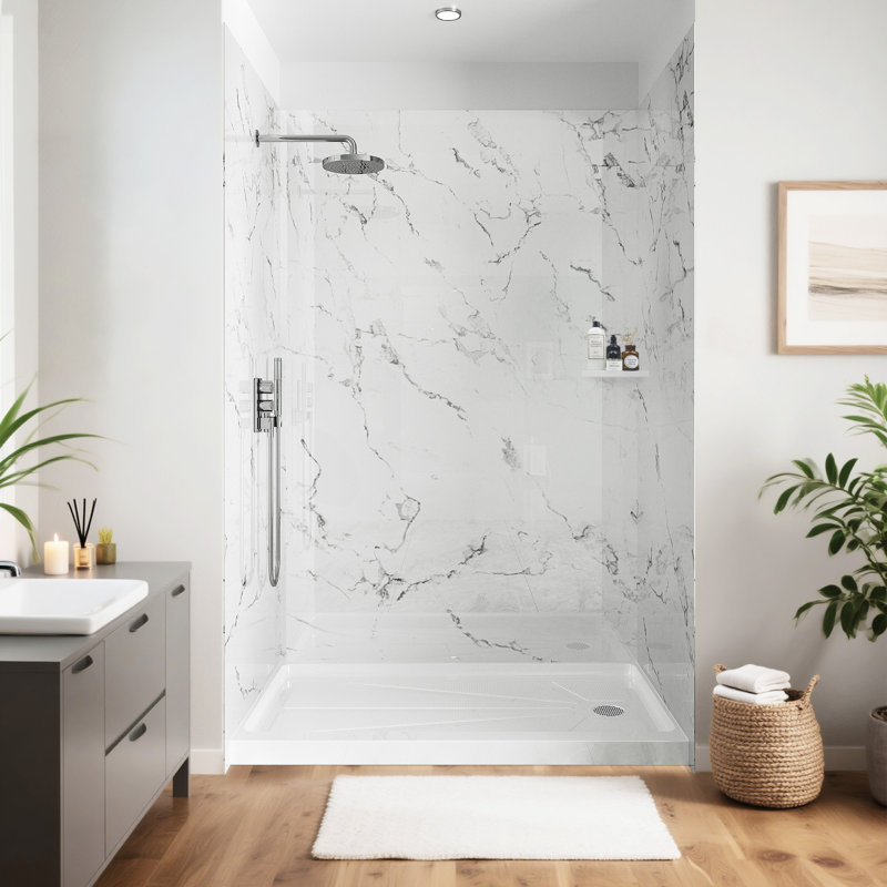 3-Piece Glue Up Shower Wall Panel Surround Kit, Quick Install, Trimmable & Waterproof, 96" H x 60" W x 36" D, Marble White