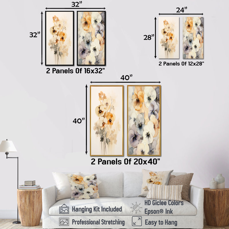 «Vivid Pansy Dreams Bouquet - Pansies», ensemble de 2 impressions sur toile, Cadre noir, H 40 po x l 41 po