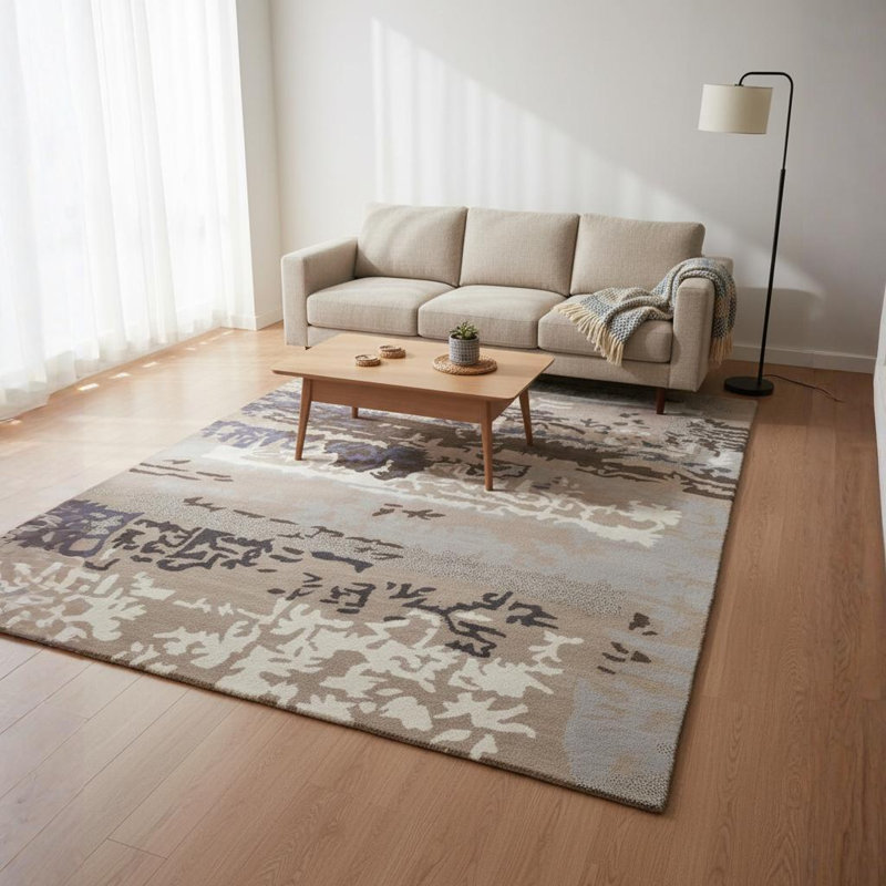 Tapis moderne en laine à motif abstrait peinte à la main lavande, gris ardoise, gris anthracite, brun clair et crème Pender Authentic