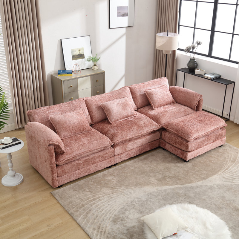 Canapé modulaire en forme de L de 112 po avec repose-pieds et mousse à mémoire de forme Millan, Chenille rose