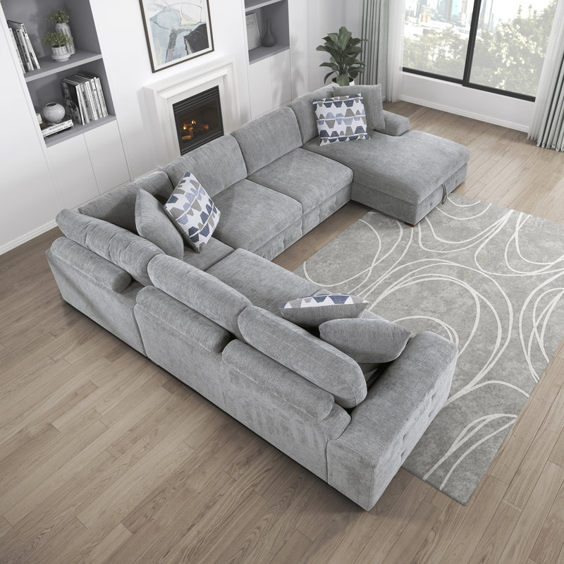 Odesser 4-Piece Chenille Sectional Sofa Sleeper with Chaise, Right Hand Facing, Gray Chenille