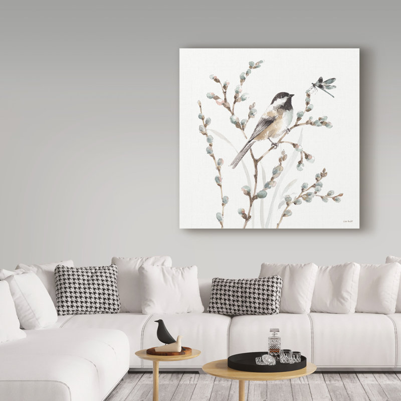 Chickadee and Dragonfly Canvas Print in Soft Neutral Tones
