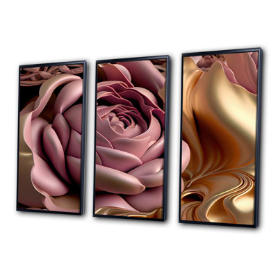 «Pink and Gold Glam Flowers II», reproduction sur toile 3 pièces