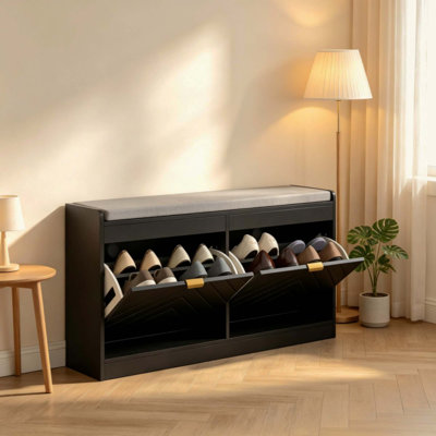 Narrow Upholstered Entryway Storage Bench, Shoe Rack Bench with 2 Flip Drawers & 2 Vents, Holds 8 Pairs of Shoes