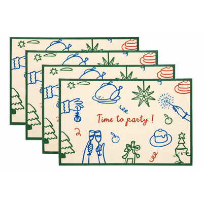Time To Party Whimsical Holiday Green Festive Printed Placemats 12" X 18", Set Of 4