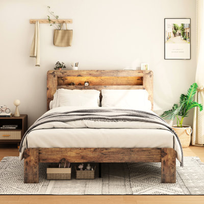 Bed Frame Full Size With Storage Headboard And Charging Station, 2 Standard Plug Outlets, Ports, Cable Management, Stable, Dark Brown Led Headboard, Wood Slats, No Box Spring, Practical Comfortable,