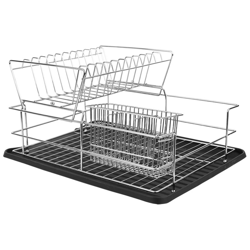 Black Metal 2-Tier Dish Rack with Utensil Cup