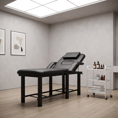 Black Bed with Removable Headrest & Breast Cushions, Armrests and Storage Shelf for Massage, Facial, Tattoo & Spa