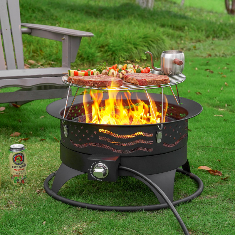 24“ Portable Propane Fire Pit With Grill Grate &  Lid, Outdoor Fire Pit