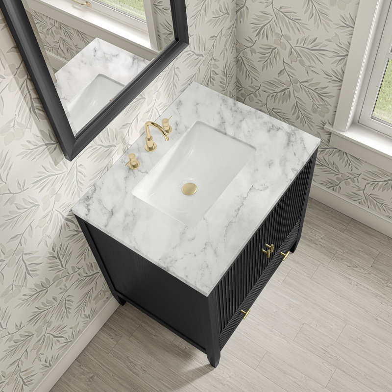 Myrrin 30" W Single Vanity, Carrara Marble, Carbon Oak, 8" Widespread