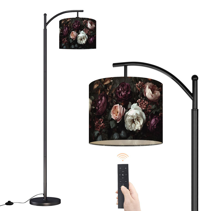 Lampe sur pied à arc avec abat-jour réglable Arrangement floral élégant bourgogne foncé rose doux blanc roses Lampe sur pied foncé 3 températures de couleur Lampe à mât haut réglable avec interrupteur au pied pour la chambre à coucher