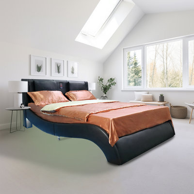 Faux Leather Upholstered Platform Bed Frame With Led Lightingtooth Connection To Play Music Control, Backrest Vibration Massage, Curve Design, Wood Slat Support, Exhibited Speakers