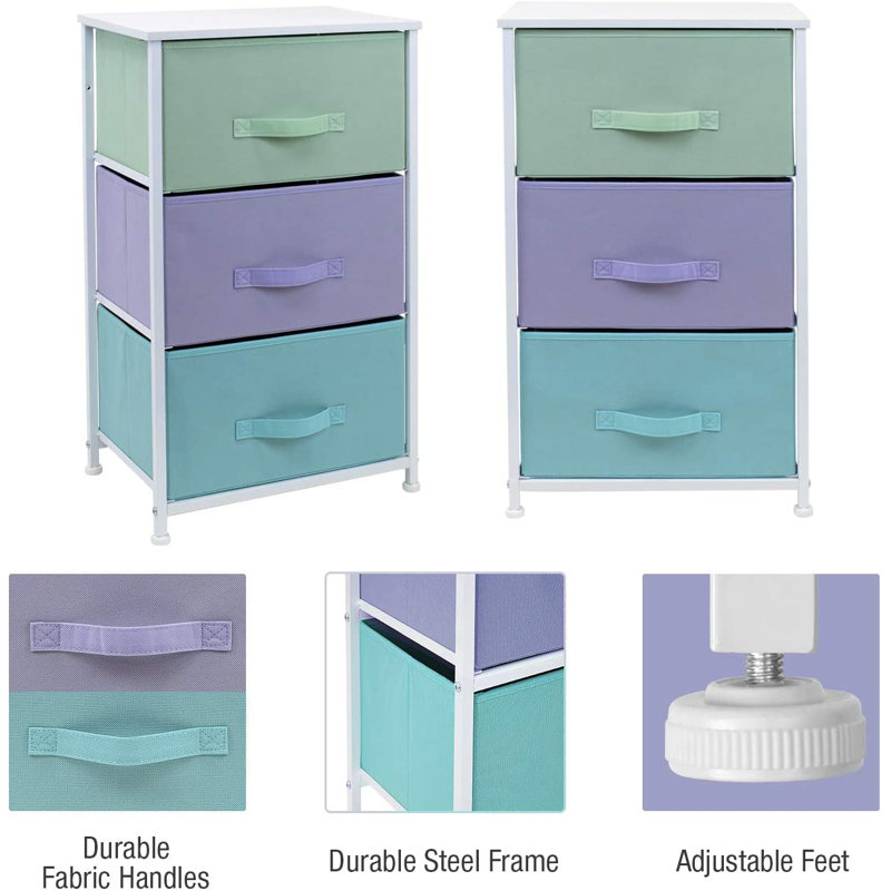 Sorbus Pastel White 3-Drawer Nightstand with Steel Frame