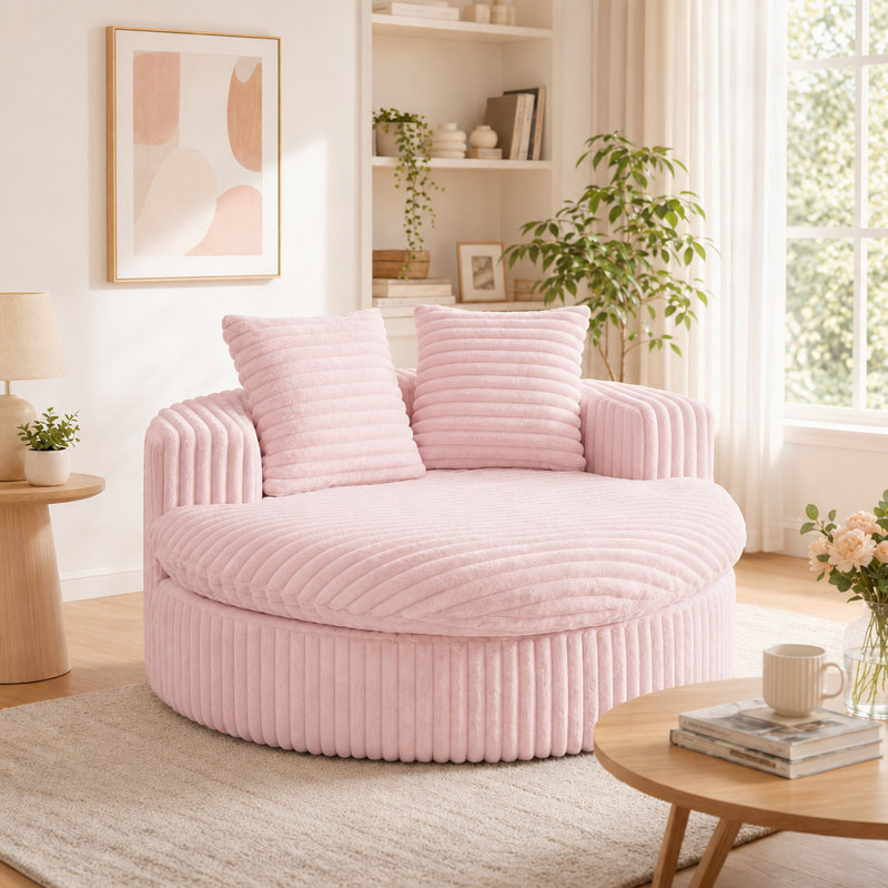 Méridienne ronde de 52 pouces avec accoudoirs et 2 coussins, confortable canapé rembourré en velours côtelé pour le salon, appartement, aucun assemblage requis, rose