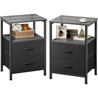 Night Stand Set Of 2, Nightstand With 2 Drawers, Bed Side Table With Open Shelf, Wooden Top, End Table, Fabric Drawer, For Bedroom, Grey
