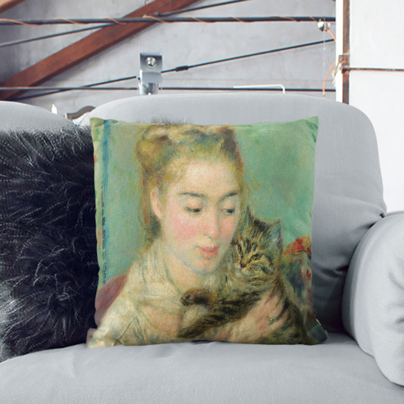 Woman With A Cat Square Throw Cushion, 55cm H x 55cm W x 20cm D