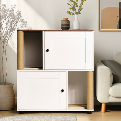 Double Cat Litter Box Enclosure - White + Vintage Look, For 2 Feline Friends, Shelved, Fits Many Kinds Of Boxes, Layer Space Saving Variety, Scratching Quality, Leakage Easing Mat, High-Grade