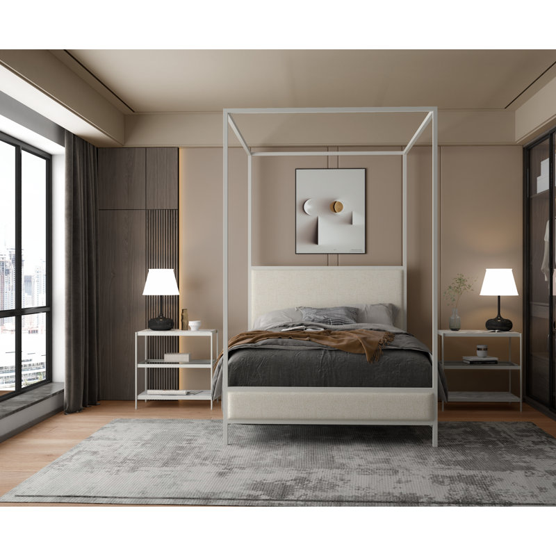 340 Modern Classic Canopy Bed | Complete Canopy, Matte White, Queen