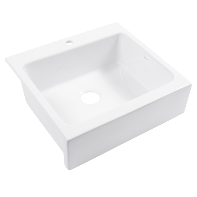 Parker Fireclay 26" Single Bowl Quick-Fit Farmhouse Apron Front Drop-in Kitchen Sink (1 Hole) and Drain, White, 1 hole