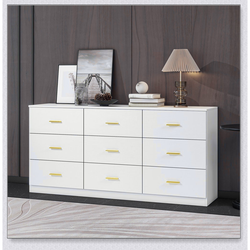 Commode moderne à 9 tiroirs pour la chambre à coucher - Grand rangement, robuste et sécuritaire, poignées dorées élégantes