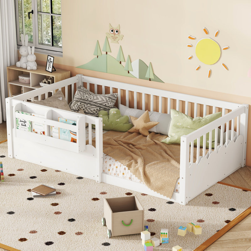 Taquile Kids Wood Floor Bed with Fence & Built-In Bookshelf, Twin, White