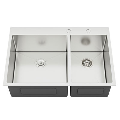 Évier de cuisine à double cuve 60/40 à montage sur plan en acier inoxydable encastré 33 po x 22 po x 10 po calibre 16 T304, tablier plat à l'avant, drainage en forme de X pour un écoulement rapide, espace de travail aux coins arrondis R10, revêtement