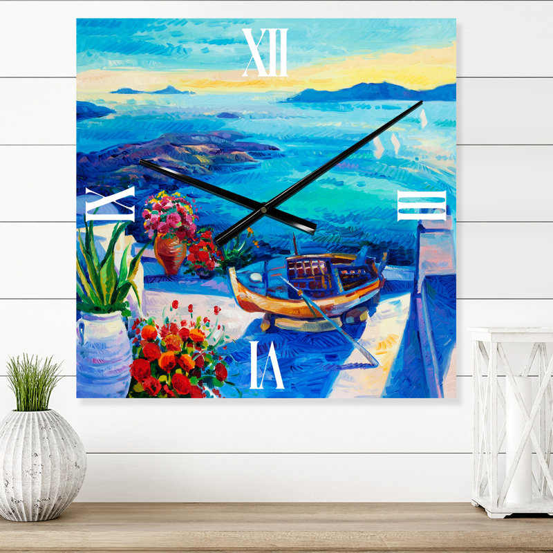 Horloge murale avec vue sur la mer et petites fleurs, Grand