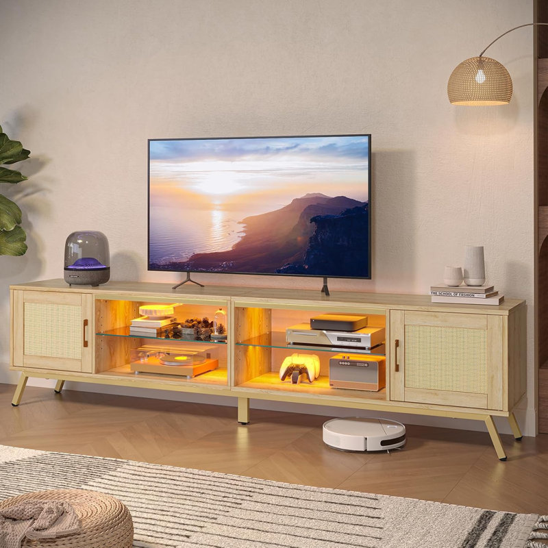 80 Inch Natural Rattan TV Stand with LED Lights and Storage