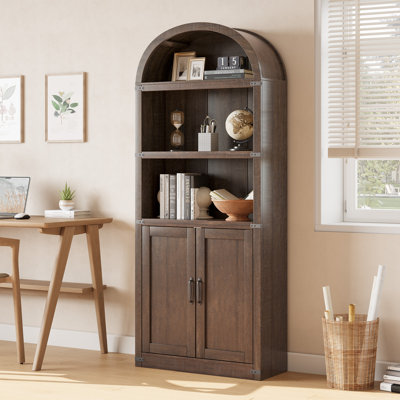 Arched Bookcase with Doors – 71.65" Tall Wooden Bookshelf, Farmhouse Office Storage Cabinet with Shelves for Office or Living Room – Brownish Red – 2-Door Model