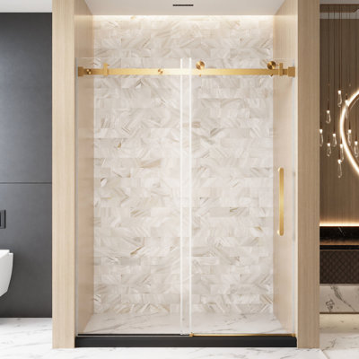 American Style Brushed Gold Single Sliding Shower Door 56 - 60 "w X 76" H, 1/4"  6 Mm  Clear Tempered Glass, Stainless Steel Track, Proof Film, Ergonomic Handle, Large 4.8cm Wheels, Water Stopping