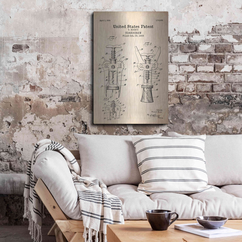 «Corkscrew Blueprint Brevet Parchment», art mural en métal, H 36 po x l 24 po
