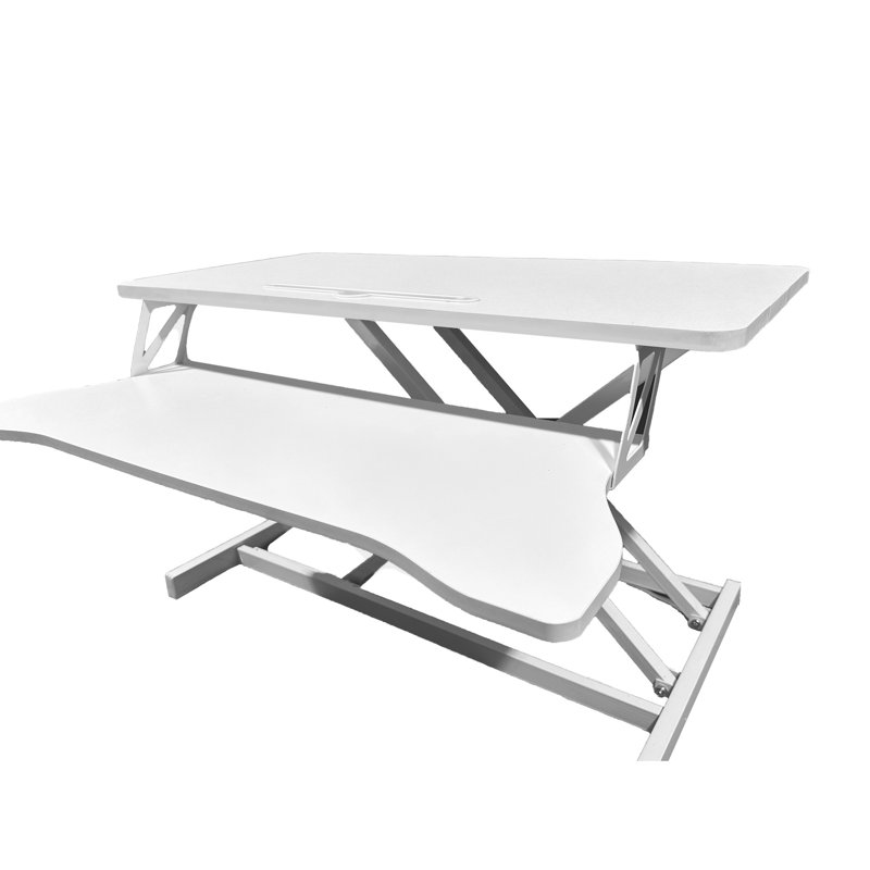 Convertisseur de bureau 32 pouces pour un changement de position assis / debout, compatible avec un moniteur double et un ordinateur portable, blanc, avec un large support de fixation au clavier, un adaptateur réglable en hauteur, des réglages adaptés, un grand support