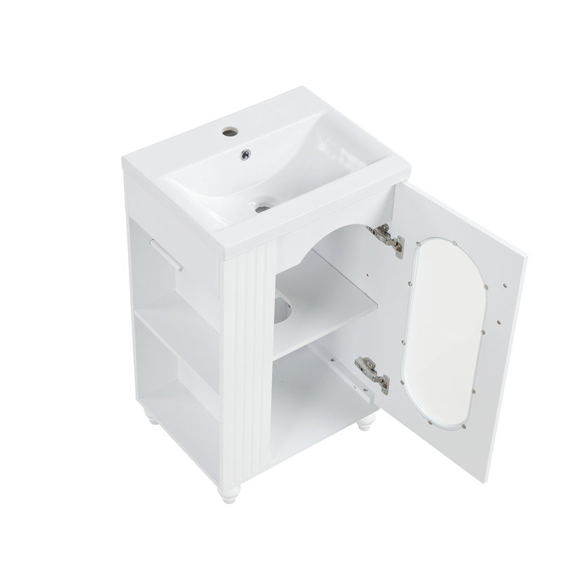 Meuble-lavabo de 20 po avec lavabo, meuble-lavabo avec tablette à deux niveaux, tablette réglable, bois massif et panneau de fibres à densité moyenne, blanc