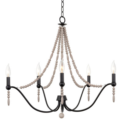 Lustre en bois 28 lumières à perles 28 po Boho Chic noir + finition blanc antique